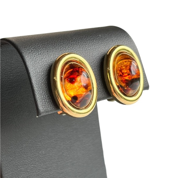 Vintage Kenneth Jay Lane KJL Faux Amber Tortoise Gold Clip Earrings - Picture 9 of 10